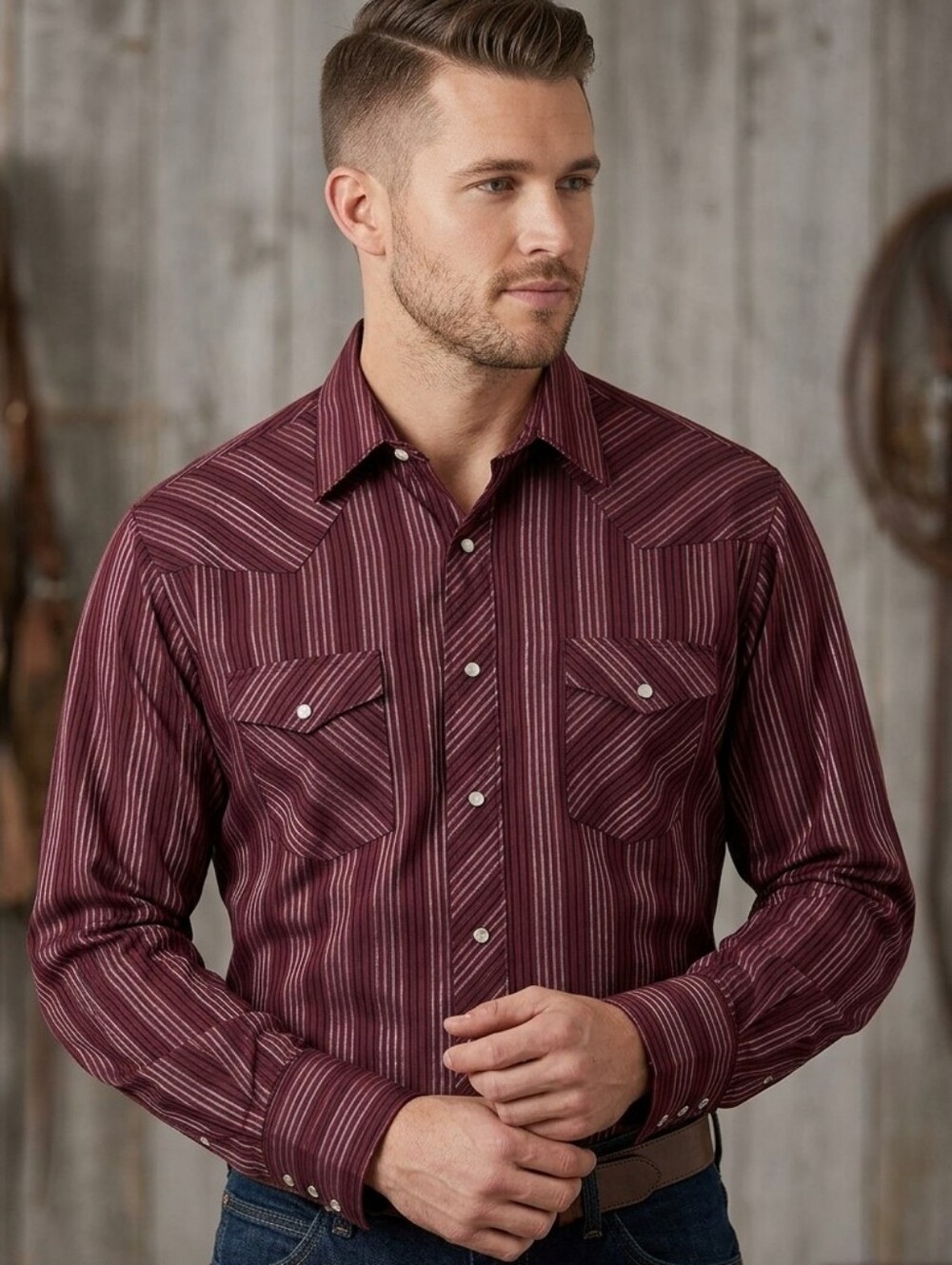 Men's Maroon Striped Casual Button-Down Shirt
